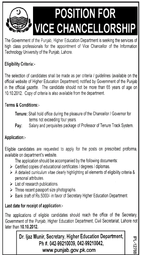 The Government of Punjab Requires Vice Chancellor of the IT University of the Punjab (Government Job)