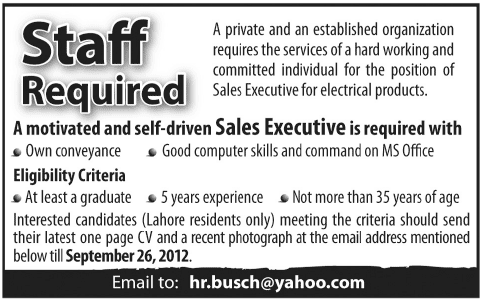 Sales Executive for Electrical Products Required