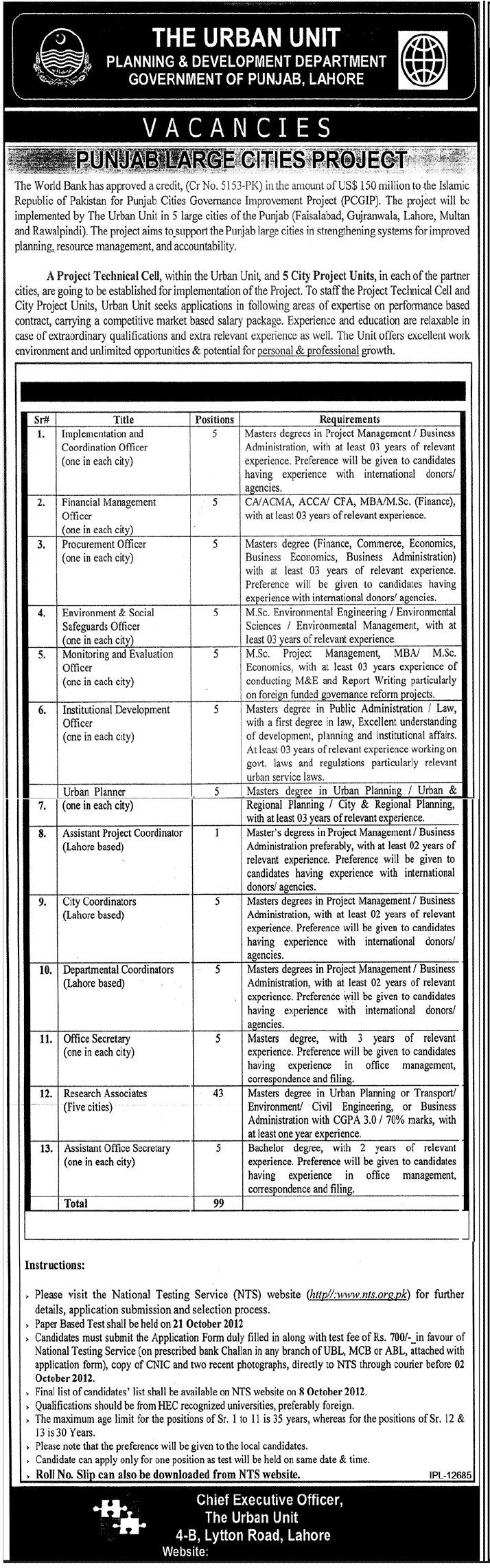 The Urban Unit Planning & Development Department Punjab Requires Management and Coordination Staff  (Government Job)