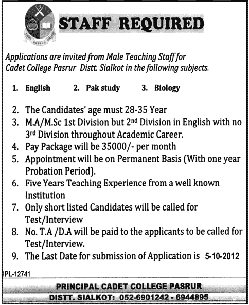 Teaching Staff Required for Cadet College Pasrur