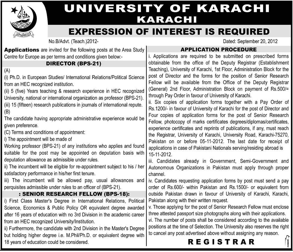 University of Karachi Requires Director and Senior Research Fellow (Government Job)