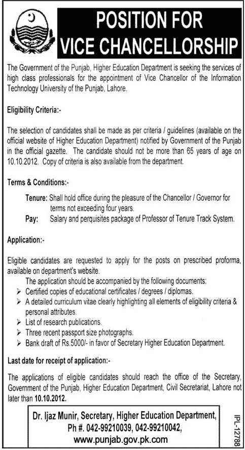 The Government of Punjab Requires Vice Chancellor of the IT University of the Punjab (Government Job)