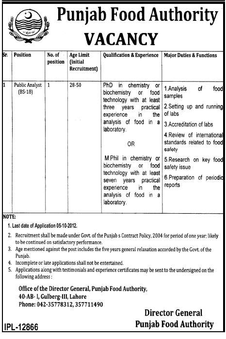 PFA Punjab Food Authority Requires Public Analyst (Government Job)