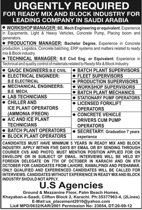 Engineering and Mechanical Staff Required for Ready Mix and Block Industry for Saudi Arabia