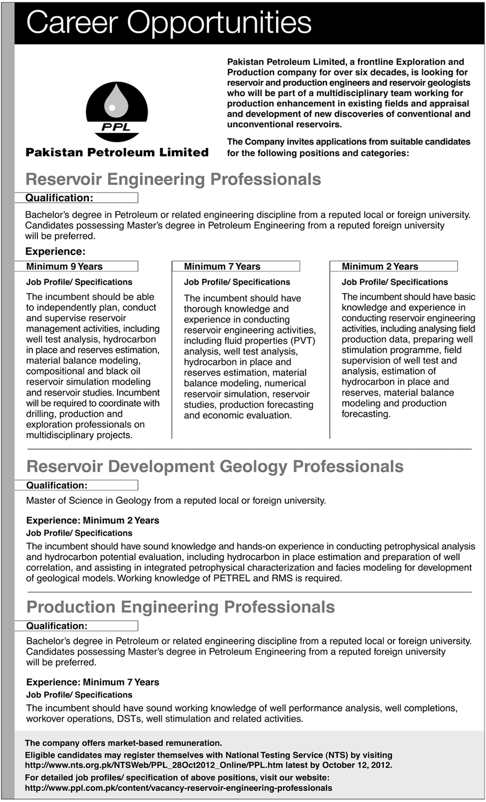 PPL Pakistan Petroleum Limited Requires Engineering Professionals