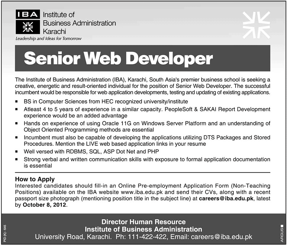 IBA Institute of Business Administration Requires Senior Web Developer