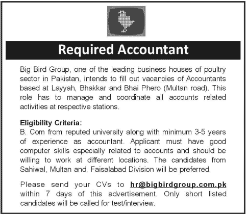 Accountant Required by a Business Group