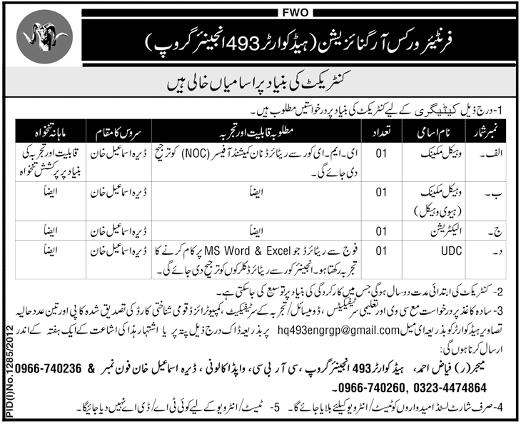 FWO Frontier Works Organization Requires Mechanical and Technical Staff (Government Job)