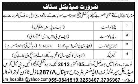 Medical Professionals Required for Jinnah Hospital