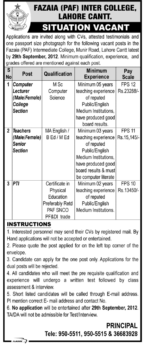 FAZAIA (PAF) Inter College Requires Teaching Staff (Government Job)