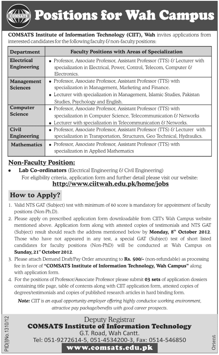 COMSATS Institute of Information Technology (CIIT) Requires Teaching Faculty