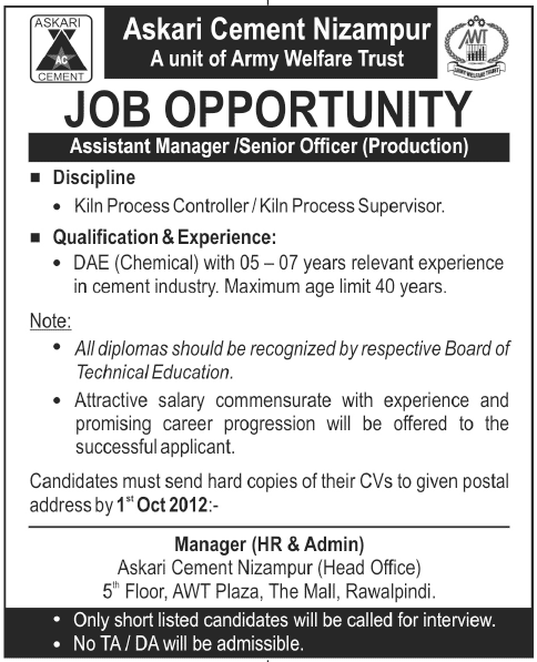 Askari Cement Nizampur Requires Assistant Manager Production