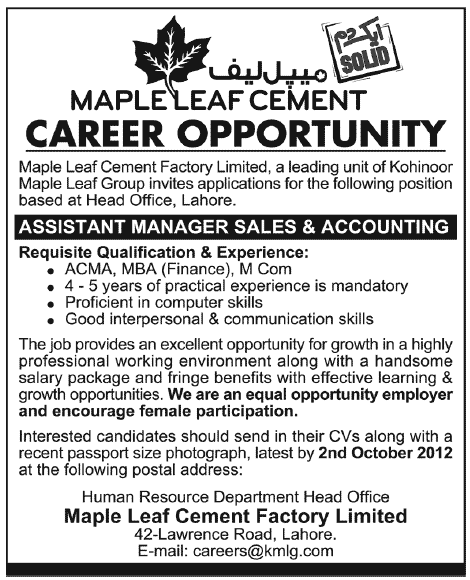 Maple Leaf Cement Requires Assistant Manager Sales & Accounting