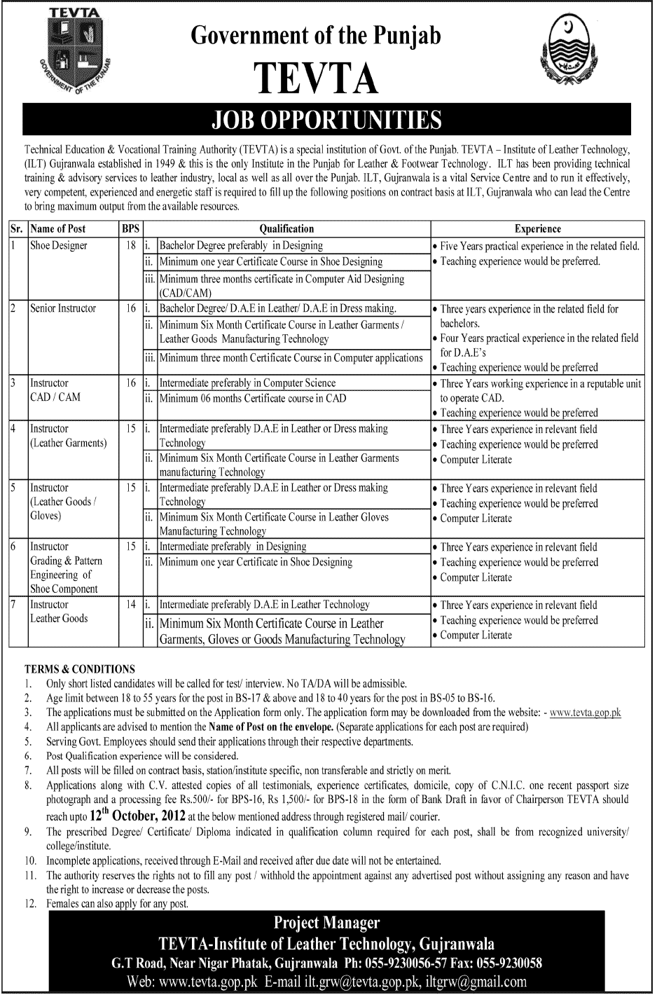 TEVTA Requires Teaching Instructors at Institute of Leather Technology (Government Job)