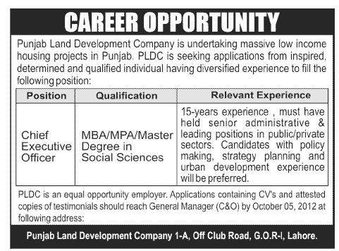 PLDC Punjab Land Development Company Requires Chief Executive Officer