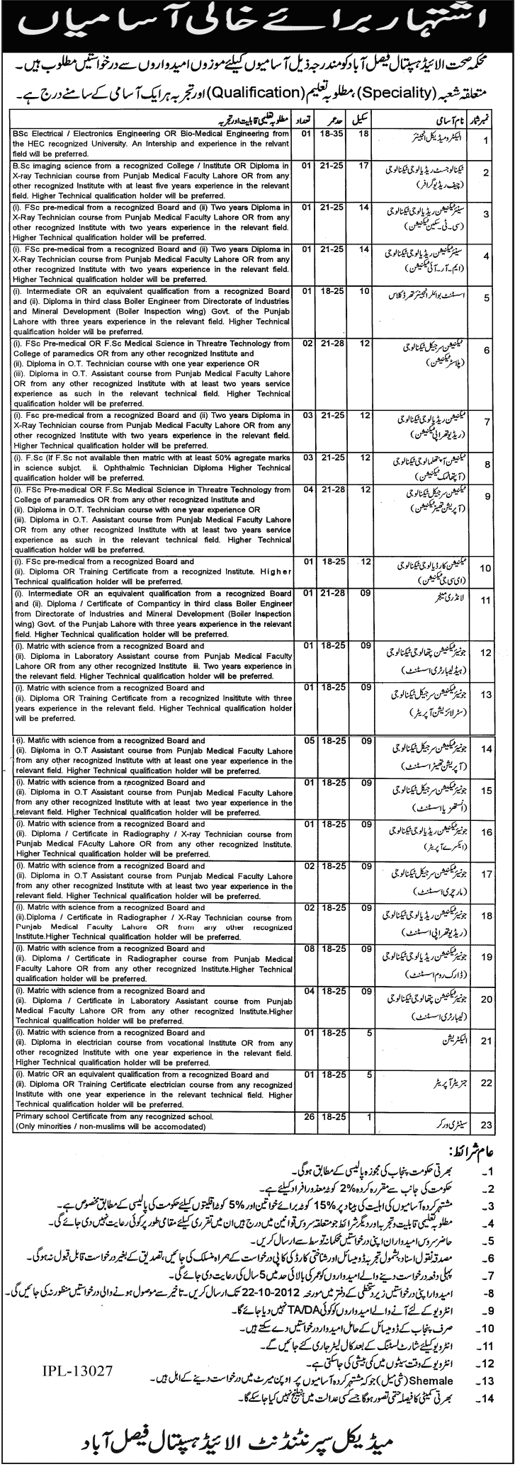 Allied Hospital Faisalabad Requires Medical Technicians Under Health Department Punjab (Government Job)