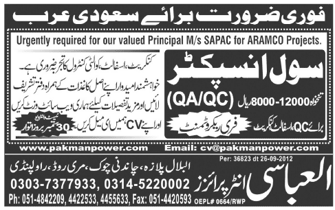 Civil Inspector QA/QC Required for Saudi Arabia