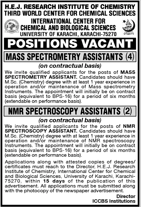 Mass Spectrometry Assistant and NMR Spectrometry Assistants Required Under University of Karachi (Government Job)