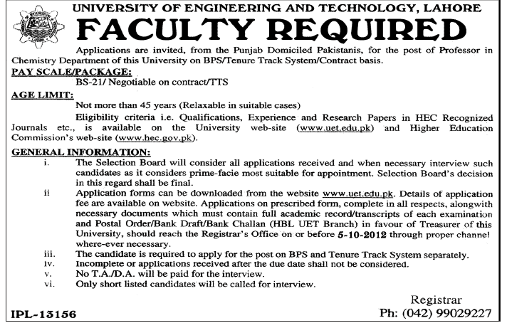 UET Lahore Requires Professor in Chemistry (Government Job)