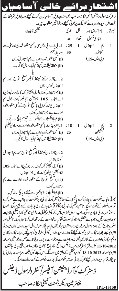 District Civil Defence Office Nankana Sahib Requires Bomb Disposal Technicians (Government Job)