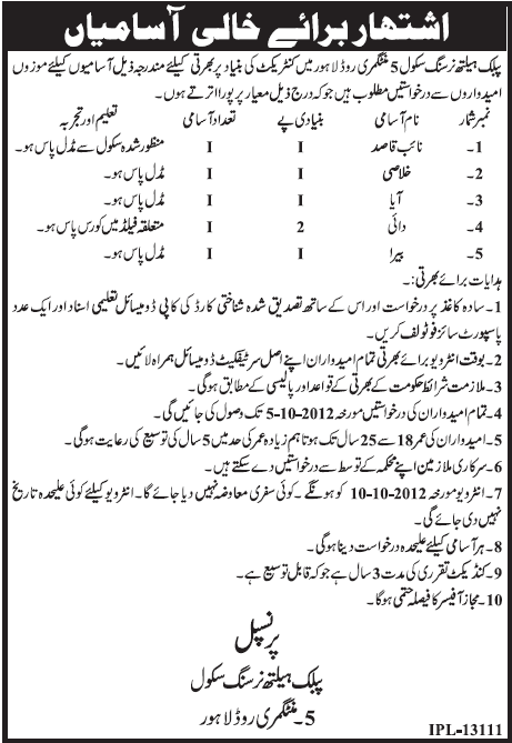 Public Health Nursing School 5 Lahore Requires Staff (Government Job)