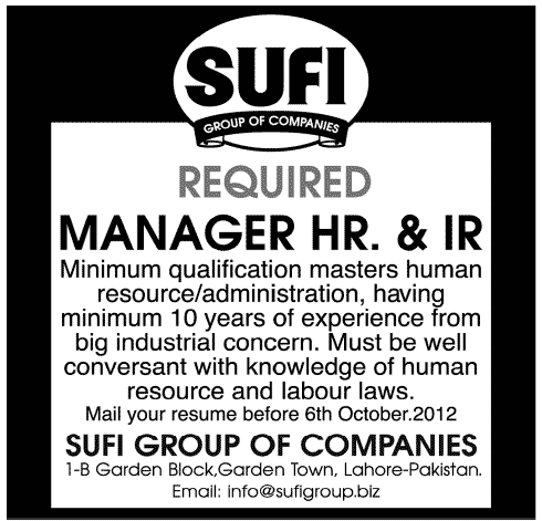 SUFI Group of Companies Requires Manager HR and IR