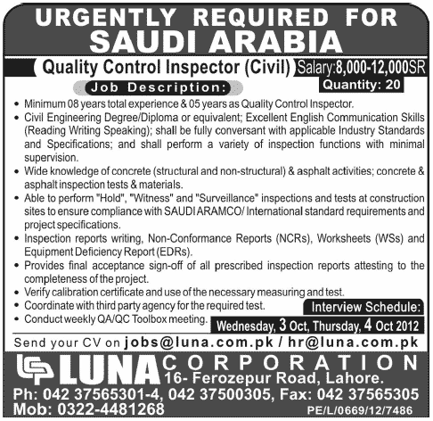 Quality Control Inspector (Civil) Required for Saudi Arabia