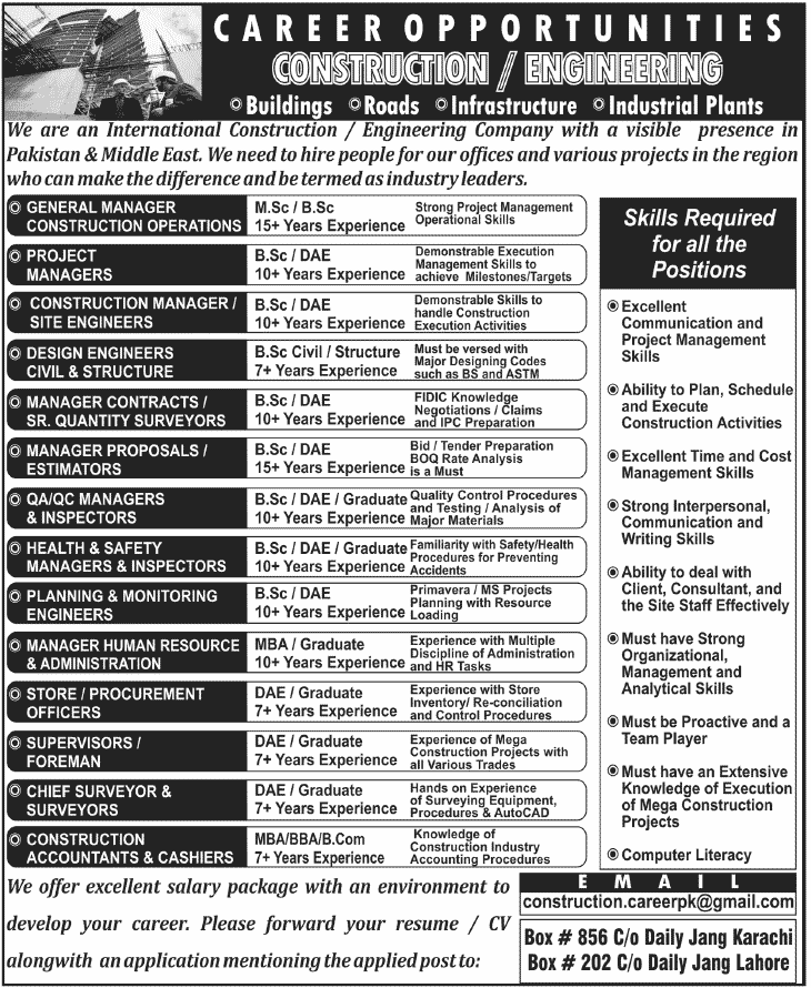 Construction Engineering Management Staff Required