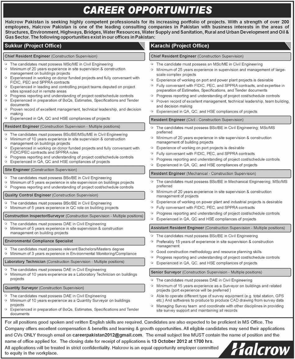 Halcrow Pakistan (Construction Company) Requries Construction Professionals