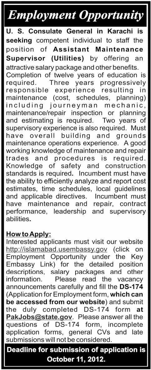 U.S Consulate General Requires Assistant Maintenance Supervisor (Embassy jobs)