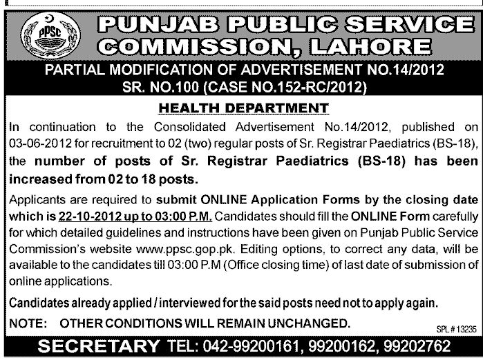 Sr. Registrar Paediatrics Required Under PPSC in Health Department Punjab (PPSC job) (Government Job)