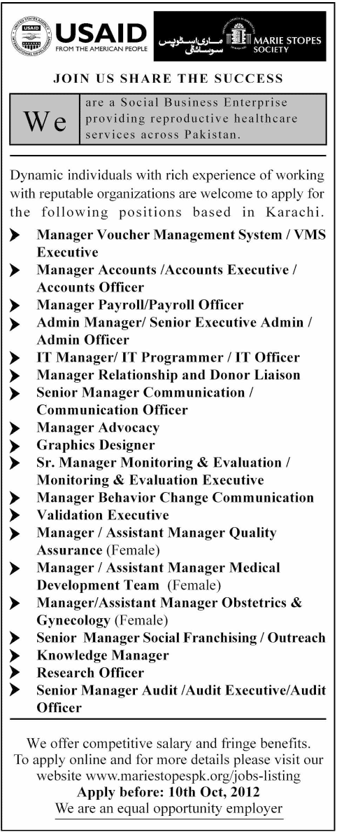 Marie Stopes Societry Requires Management and IT Staff