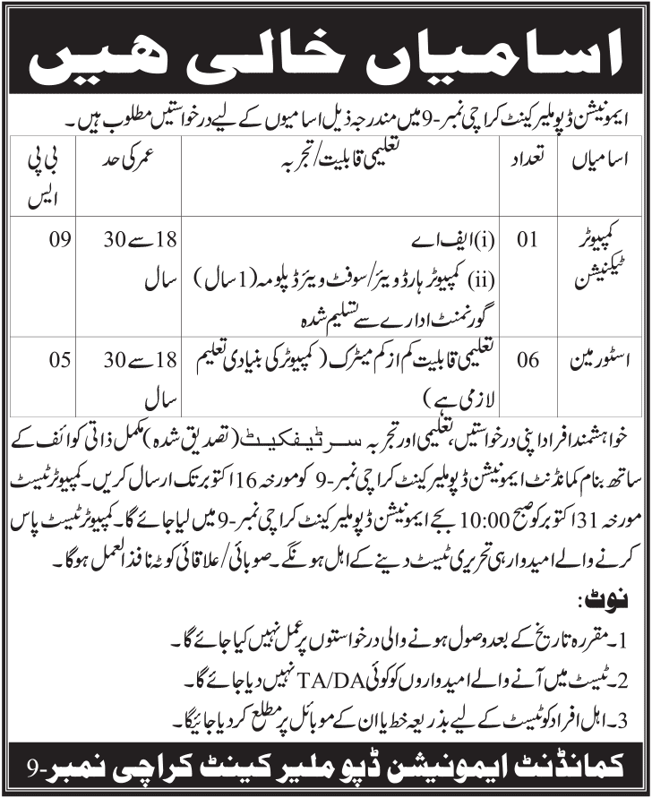 Ammunition Depot Karachi No. 9 Requires Staff (Government Job)