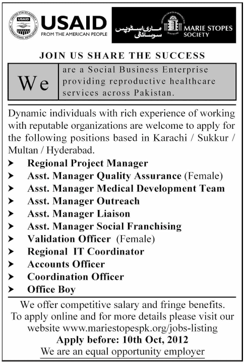 MARIE Stopes Society Requires Assistant Managers and IT Staff (NGO jobs)