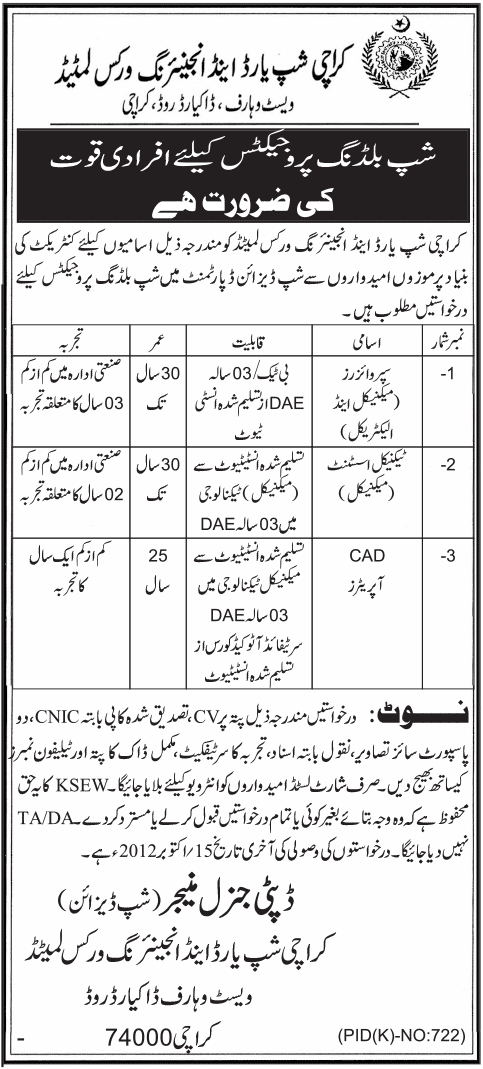 Karachi Shipyard & Engineering Works Limited Requires Technical Staff