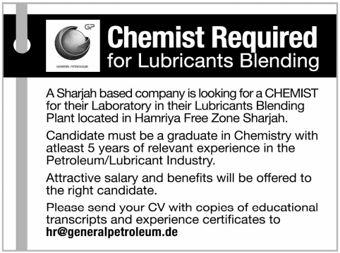 Chemist Required for Lubricants Blending Plant in Sharjah
