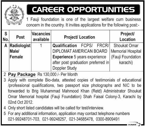 Fauji Foundation Requires Radiologist at Shoukat Omar Memorial Hospital