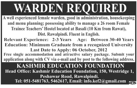 A Female Warden Required by Kashmir Education Foundation