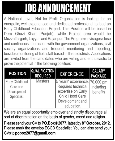 An NGO Requires Early Childhood Care and Development Specialist (NGO jobs)