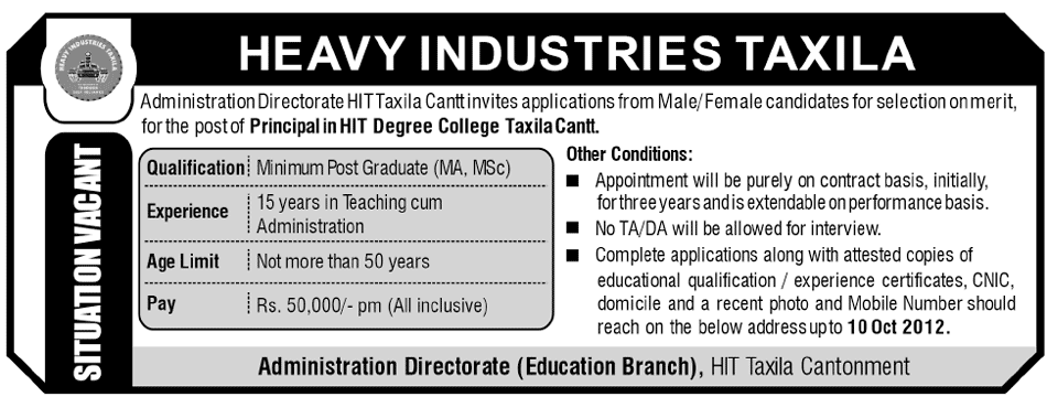 HIT Heavy Industries Taxila Degree College Requires Principal