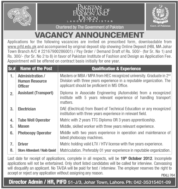 Pakistan Institute of Fashion and Design (PIFD) Requires Staff