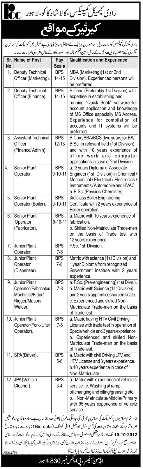 Ravi Chemical Complex Requires Technical Staff (Government Job)