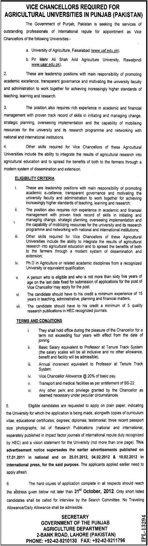 Vice Chancellors Required for Agricultural Universities in Punjab (Pakistan) (Government Job)