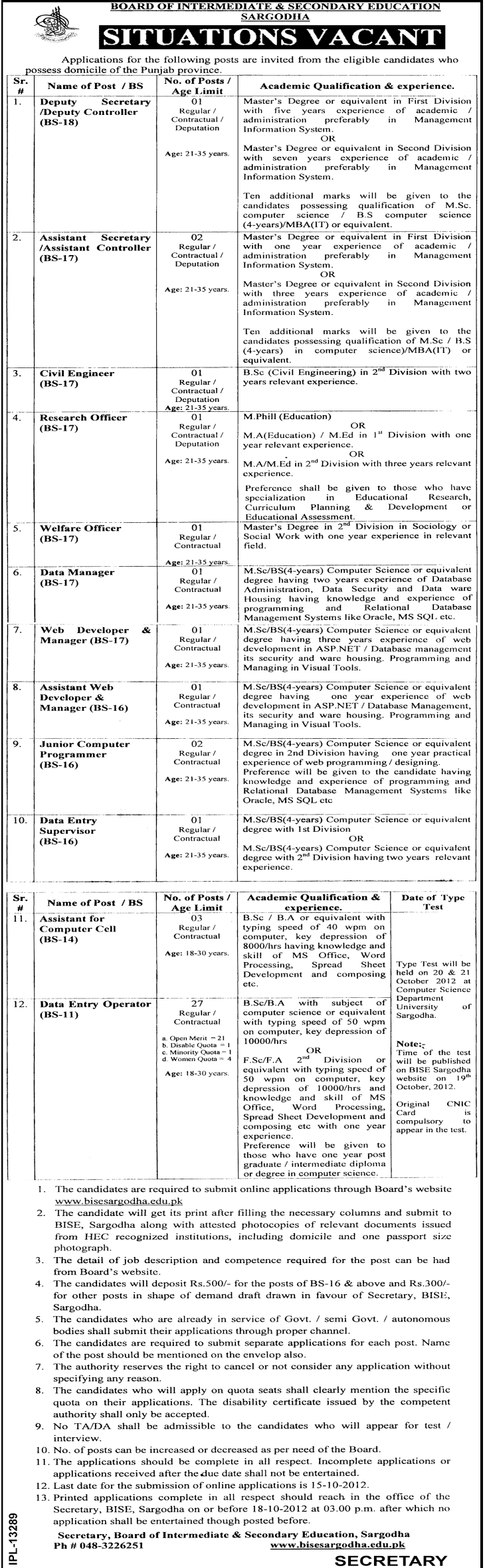 Board of Intermediate & Secondary Education (BISE) Sargodha Jobs (Government Jobs) (BISE Sargodha Jobs)