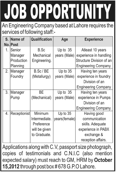 An Engineering Company Requires Management Staff