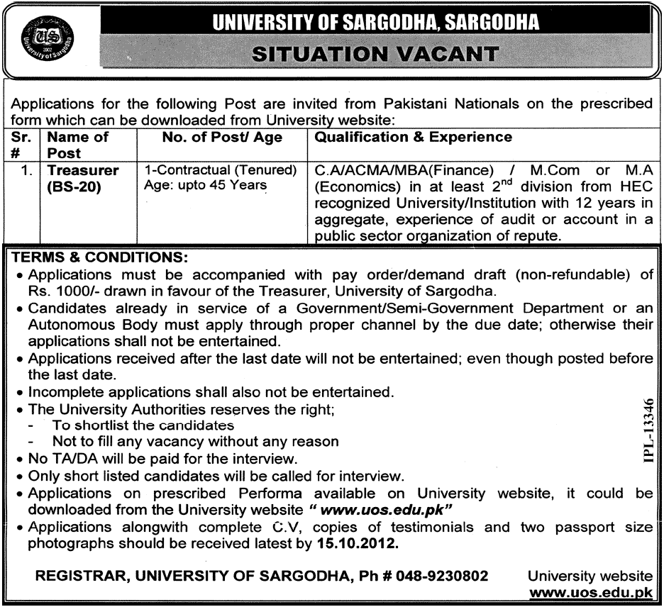 University of Sargodha Requires Treasurer (Government Job)