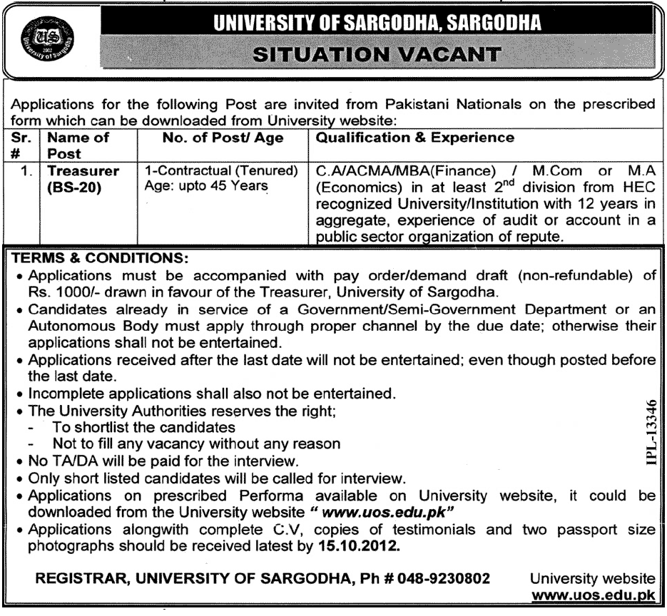 University of Sargodha Requires Treasurer (Government Job)