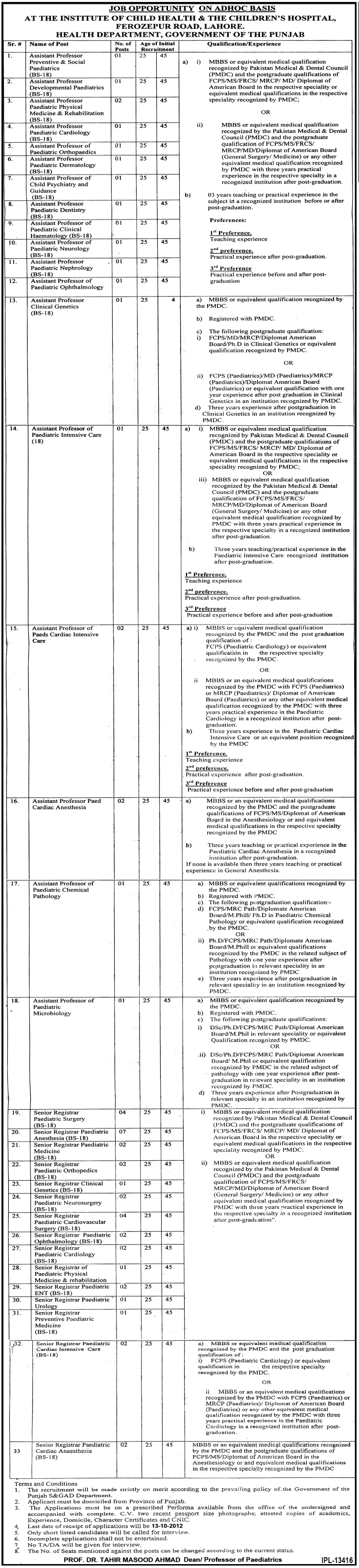 Medical Teaching and Non-Teaching Faculty Requried at The Institute of Child Health & The Children's Hospital (Government Job)