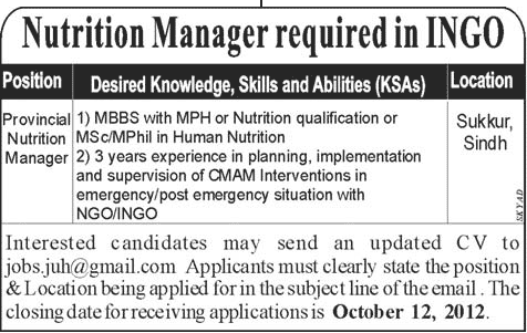 Nutrition Manager Required in INGO