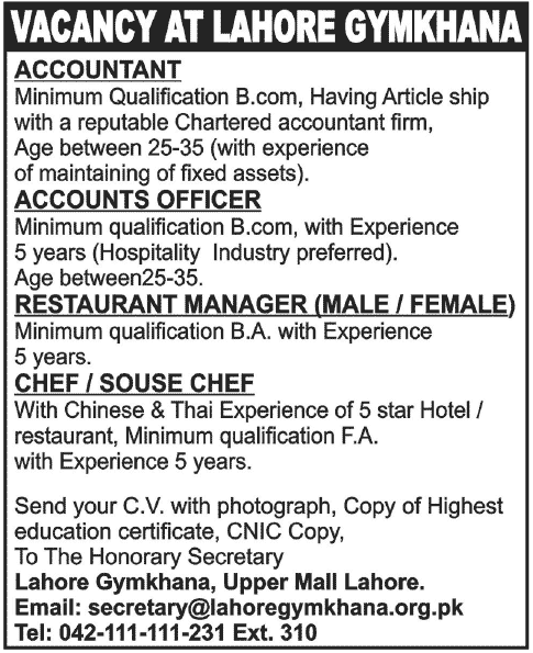 Lahore Gymkhana Requires Account and Management Staff